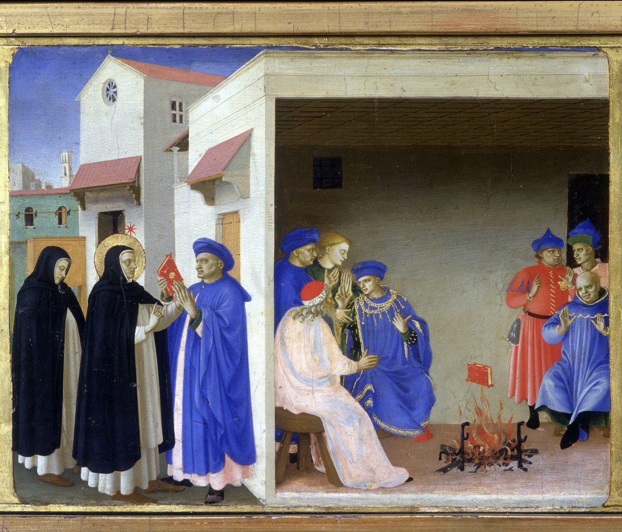Miraklet ved Saint Dominica: helgenen giver albigeerne bogen, der modbeviser deres kætteri, og albigeerne forsøger at brænde den uden held - Predelle af "Jomfruens kroning" af Guido di Pietro (eller Fra Giovanni da Fiesole) dit Fra Angelico eller af Fra  Angelico
