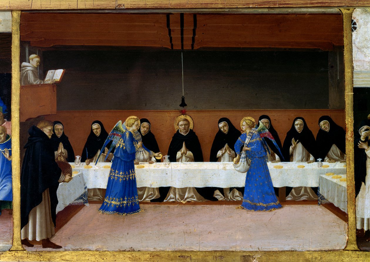 Munkene ved bordet, englenes køkken Life of Saint Dominica (detalje af predelle af Jomfruens kroning): englene serverer et måltid til dominikanske brødre. Maleri af Guido di Pietro (eller Fra Giovanni da Fiesole) dit Fra Angelico ou i af Fra  Angelico