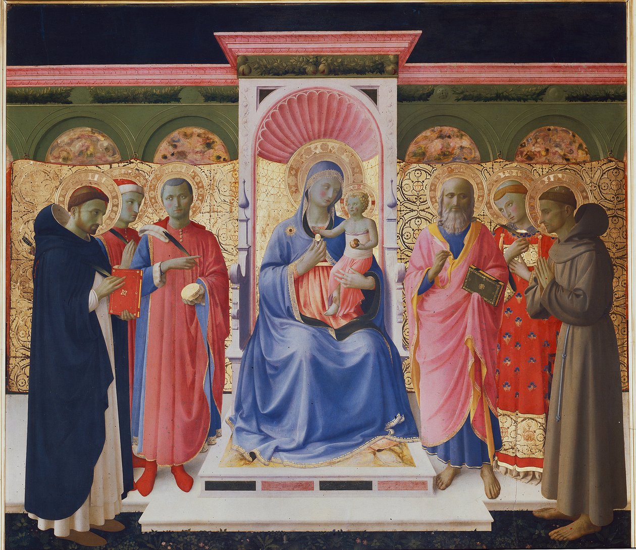 Jomfru og barn med seks helgener, Peter, Cosmas og Damian, St. John, St. Lawrence og St. Francis. Detalje af Annalena altertavle (Træmaleri af Fra  Angelico