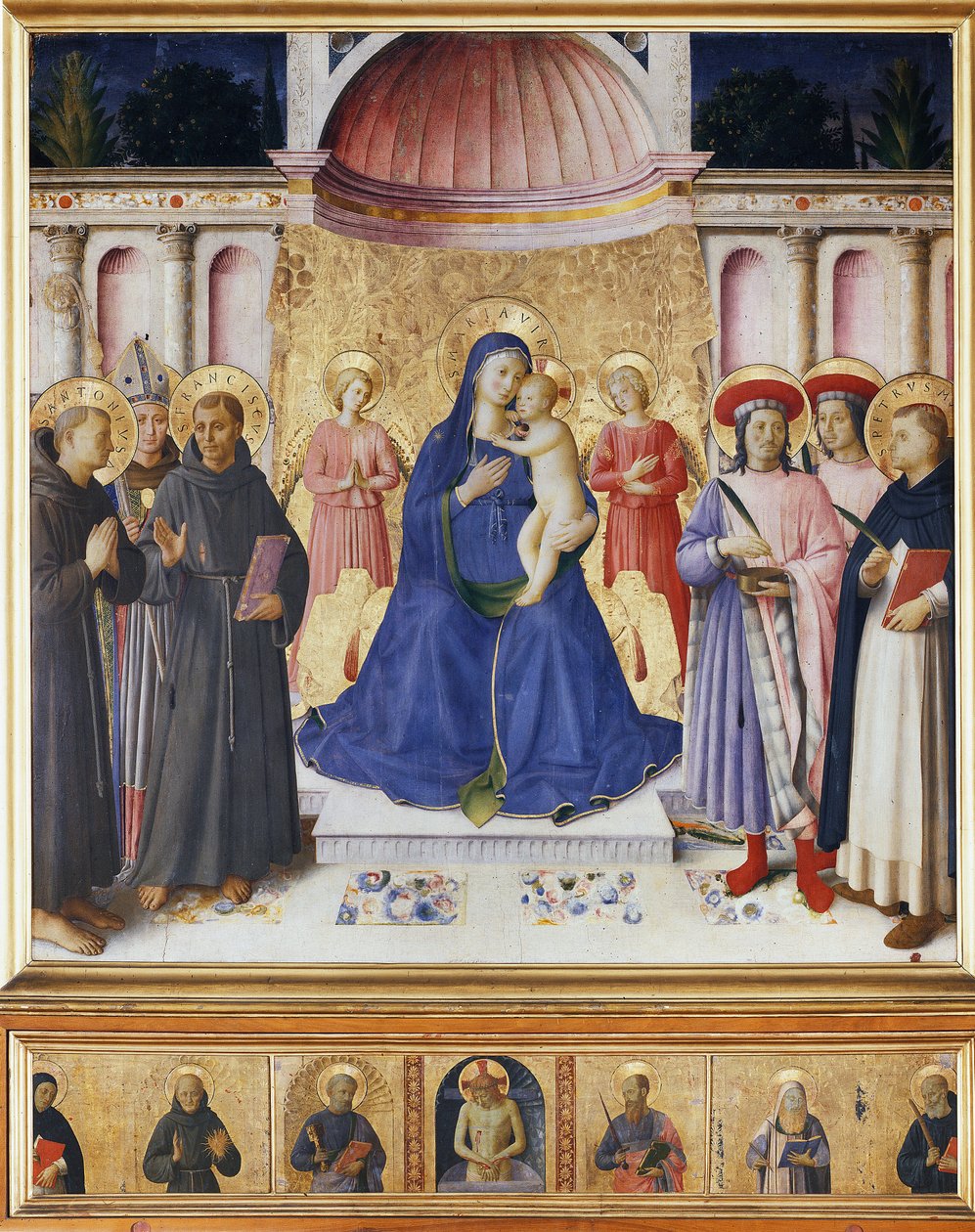 Jomfru og barn med seks helgener, Sankt Antonius af Padua, Sankt Louis af Toulouse, Sankt Frans, Sankt Cosmas og Damian, Sankt Peter af Verona. Bosco ai Frati altertavle (Saint Peter Martyr)) (Træmaleri af Fra  Angelico