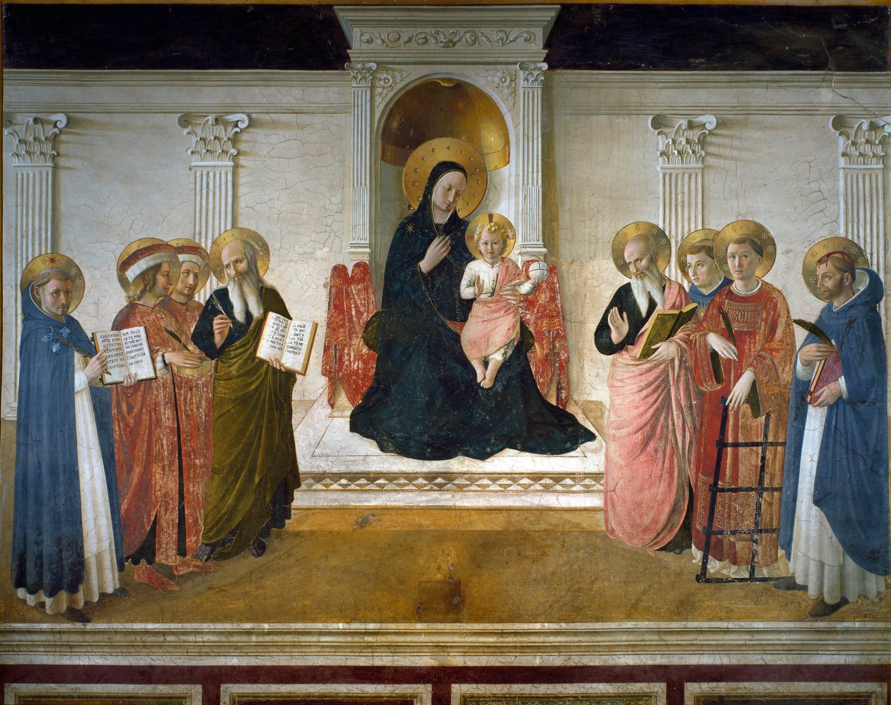 Skyggernes jomfru eller "Hellig samtale" eller "Jomfru og barn med otte helgener": Dominikus, Sankt Cosimo (Come eller Cosimo) og Sankt Damien, Sankt Markus, Sankt Johannes Evangelisten, Sankt Thomas af Aquino, Sankt Laurent og Sankt Peter" Jesu Kristi aur af Fra  Angelico
