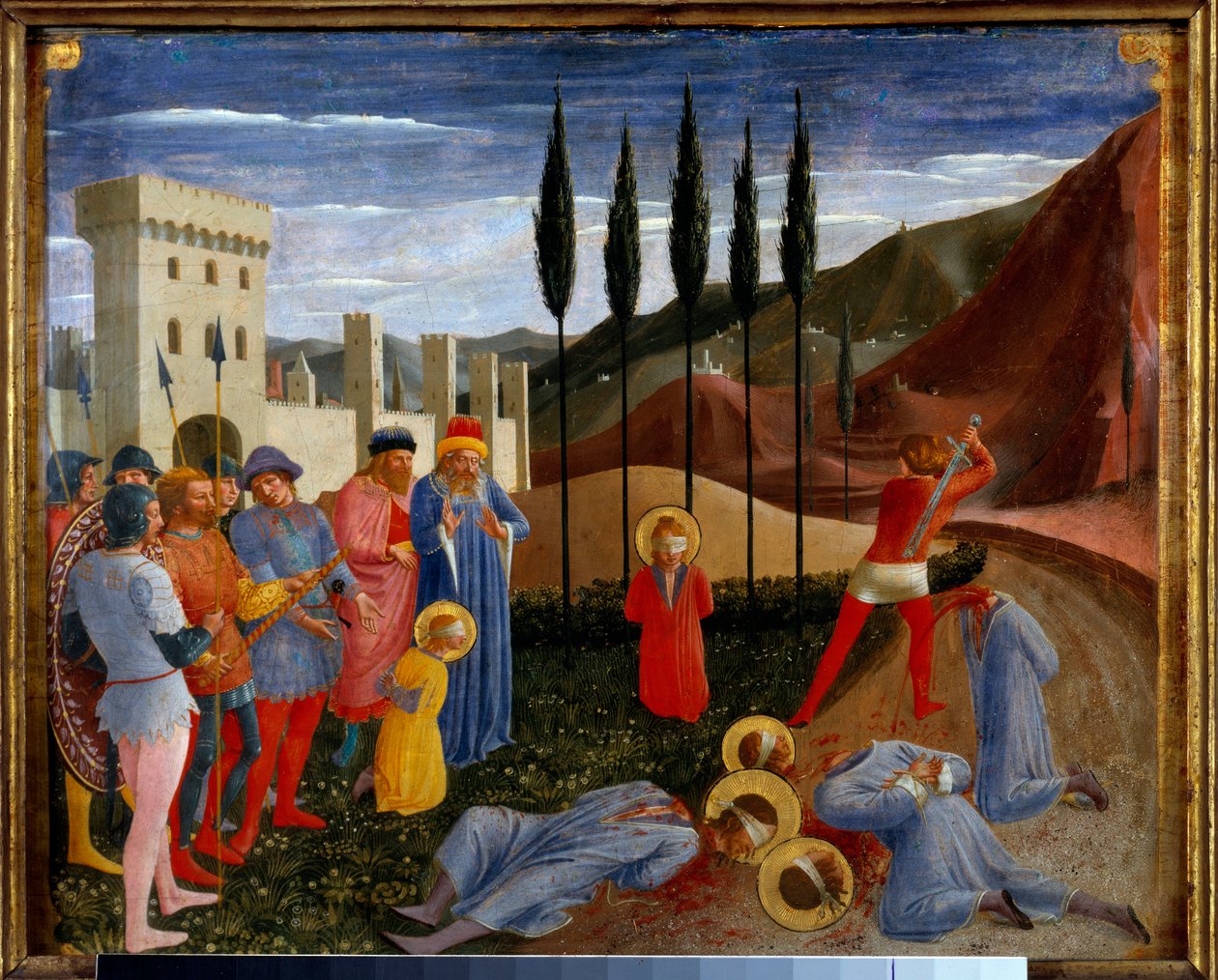 martyrdøden for Saints Cosimo (Kom eller Cosimo) og Damien Saint Cosme og Saint Damien, tvillingebrødre født i det 3. århundrede, læger i medicin, blev tortureret og derefter halshuggede. Detrempe på træ af Guido di Pietro (eller Fra Giovanni da Fiesole) d af Fra  Angelico