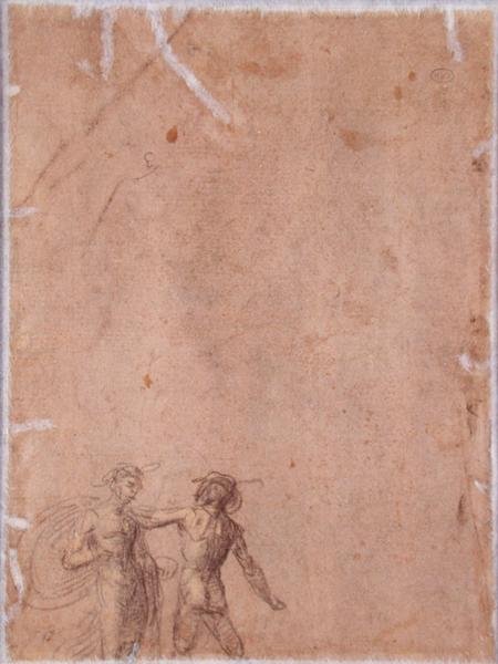 To figurer (verso) (sort og gul kridt forhøjet med hvidt på papir) (for recto se 152658) af Fra 1472 1517 Bartolommeo