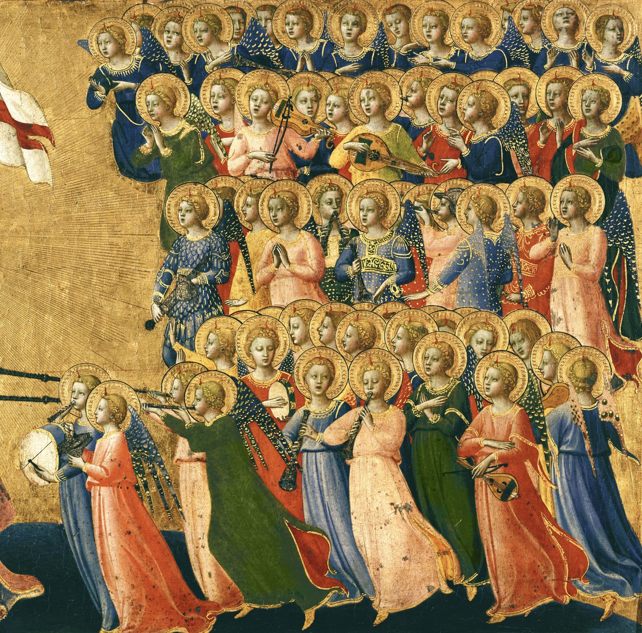 Christ Glorified in the Court of Heaven, detalje af musikalske engle fra højre side, 1419-35 (tempera på panel) (detalje af 4052) af Fra Angelico