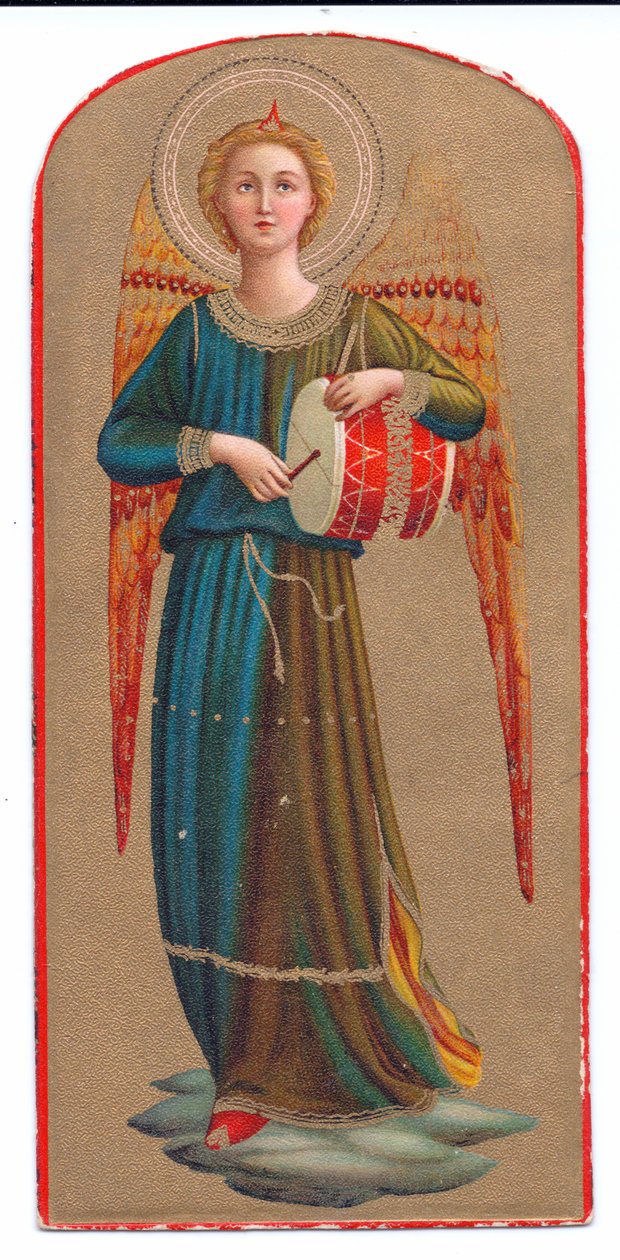 Farve litho print fra angelico engel, der spiller på tromme, ca. 1910 af Fra Angelico