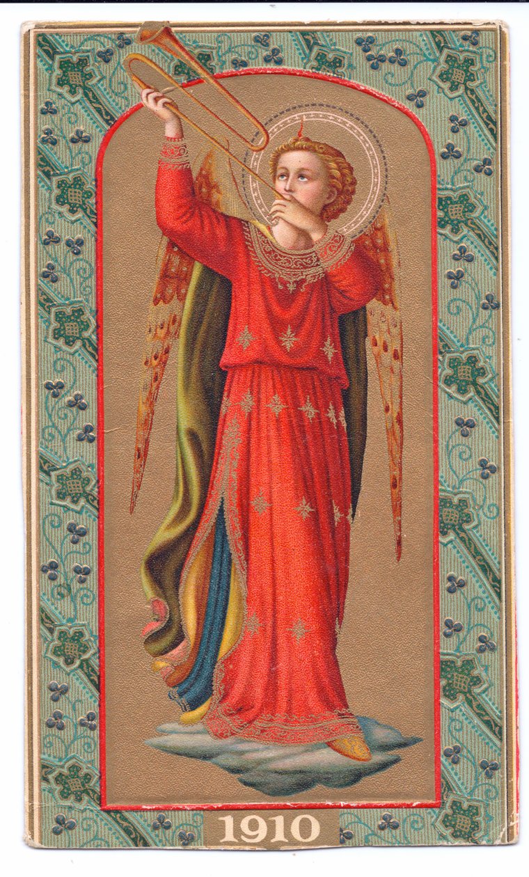 Farve litho print fra angelico engel, der spiller trompet, ca. 1910 af Fra Angelico