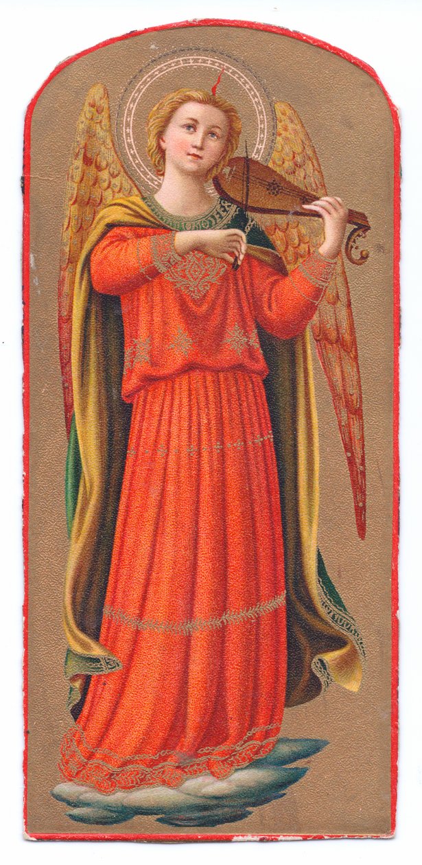 Farve litho print fra angelico engel, der spiller på en violin, ca. 1910 af Fra Angelico
