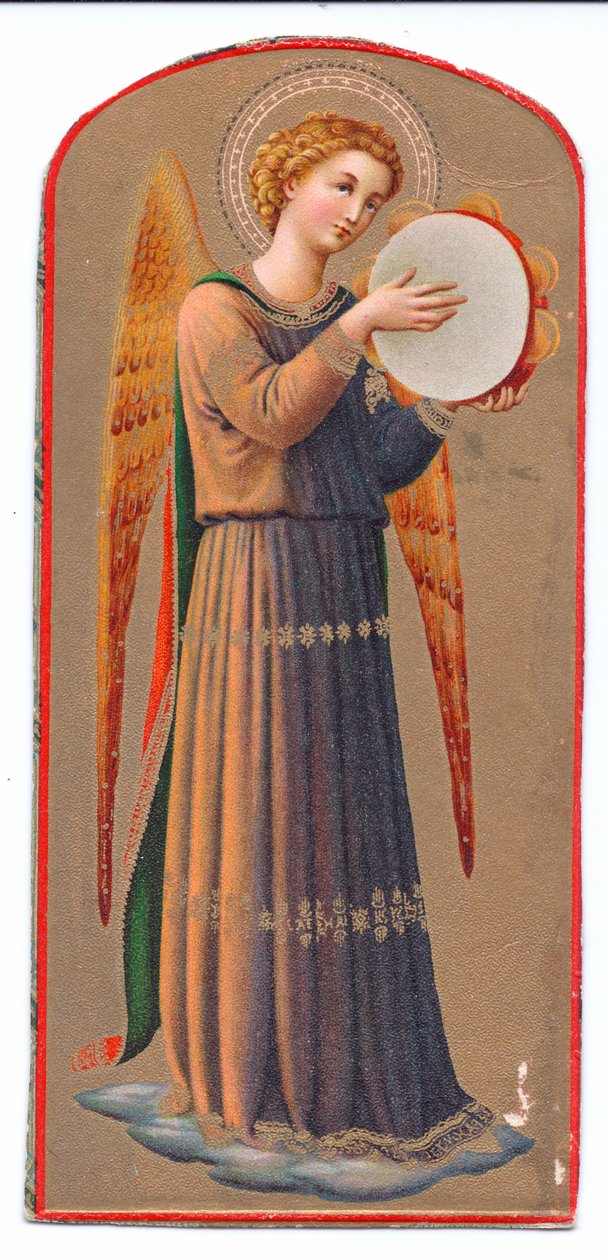 Farve litho print fra angelico engel, der spiller tamburin, ca. 1910 af Fra Angelico