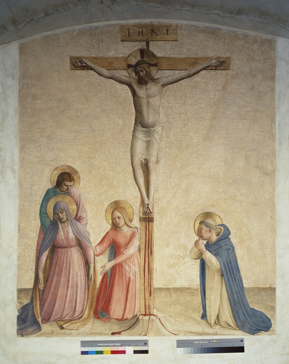 Korsfæstelse med Jomfru Maria Saint Dominic. Indskriften "INRI" på korset af Fra Angelico
