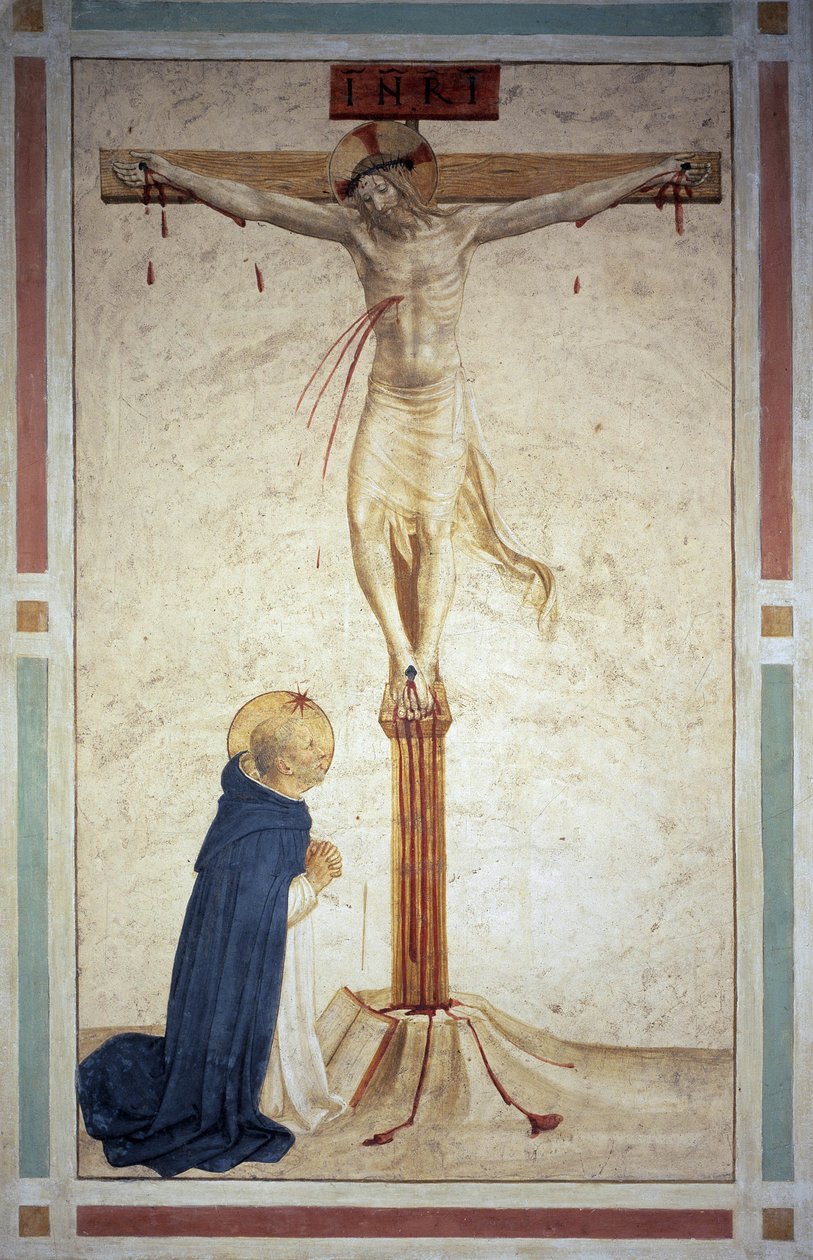 Korsfæstelsen med Saint Dominic. Indskriften ""INRI"" på korset. Fresco af Guido di Pietro af Fra Angelico