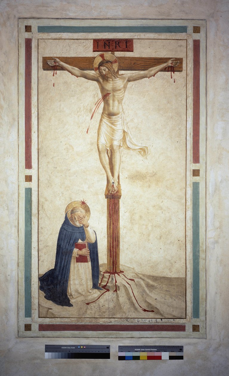 Korsfæstelsen med Saint Dominic. Indskriften ""INRI"" på korset. Fresco af Guido di Pietro af Fra Angelico