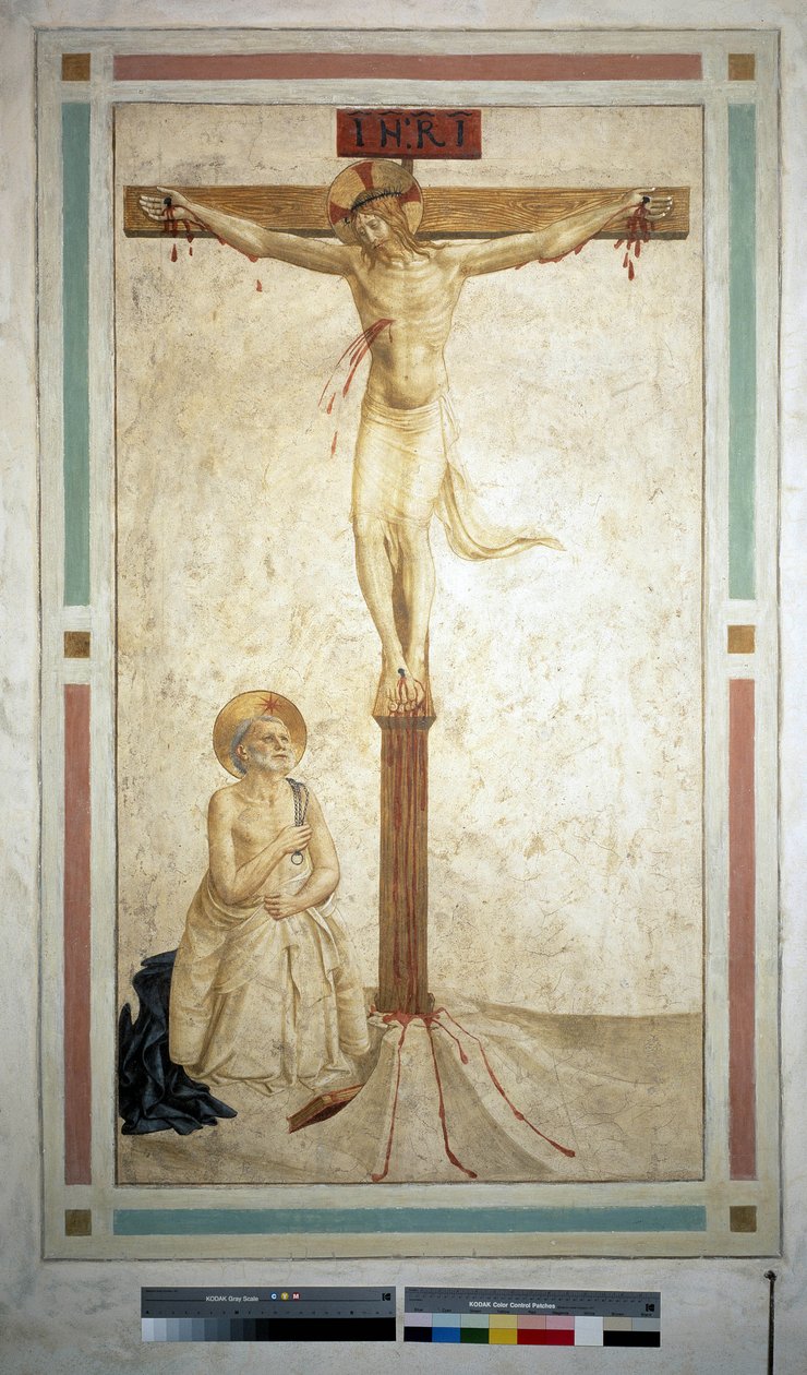 Korsfæstelsen med Saint Dominic. Indskriften ""INRI"" på korset. Fresco af Guido di Pietro af Fra Angelico