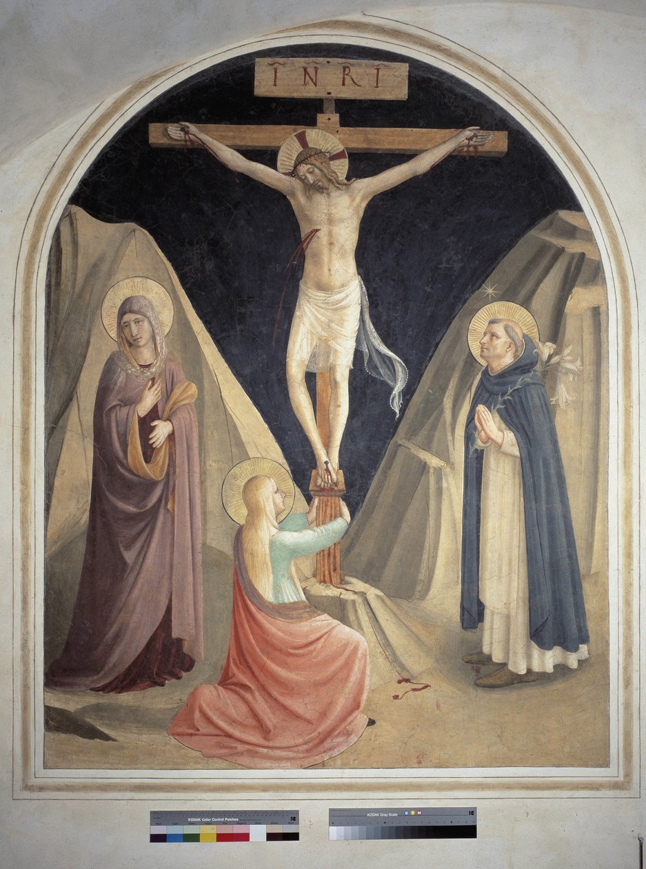 Korsfæstelsen med Sankt Dominikus, Jomfru Maria og Sankt Maria Magdalena. Indskriften ""INRI"" på korset. Fresco af Guido di Pietro af Fra Angelico