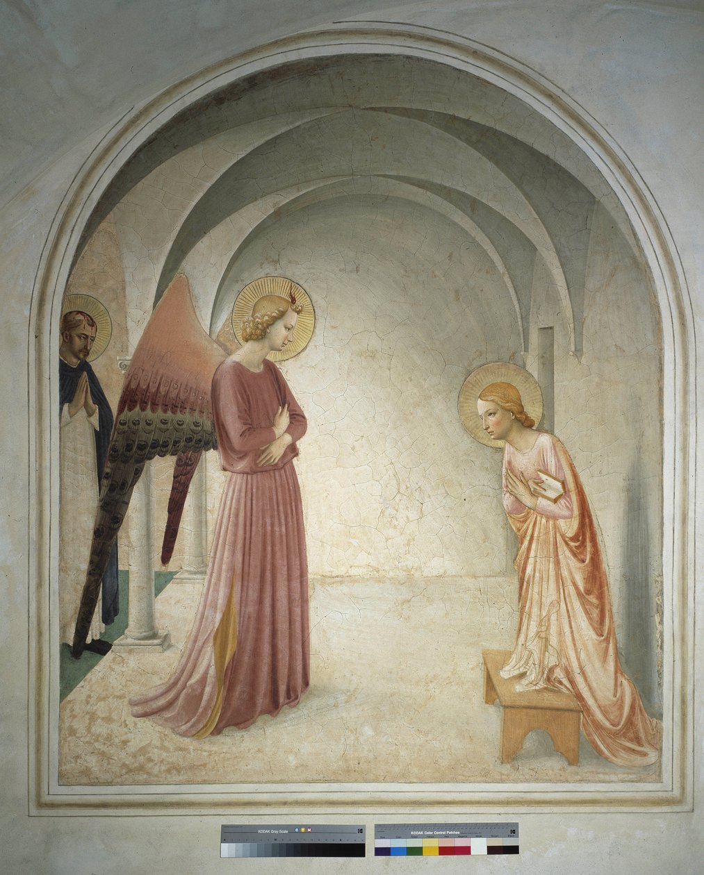 Bebudelsen. Sankt Peter Martyren står bag ærkeenglen Gabriel, der annoncerer til Jomfru Maria. Fresco af Guido di Pietro af Fra Angelico