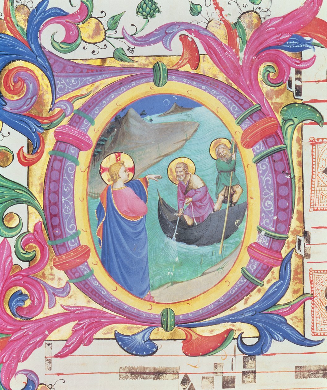 Missal 558 f.9r Historikert initial O, der afbilder det mirakuløse udkast til fisk (detalje af 88928) af Fra Angelico