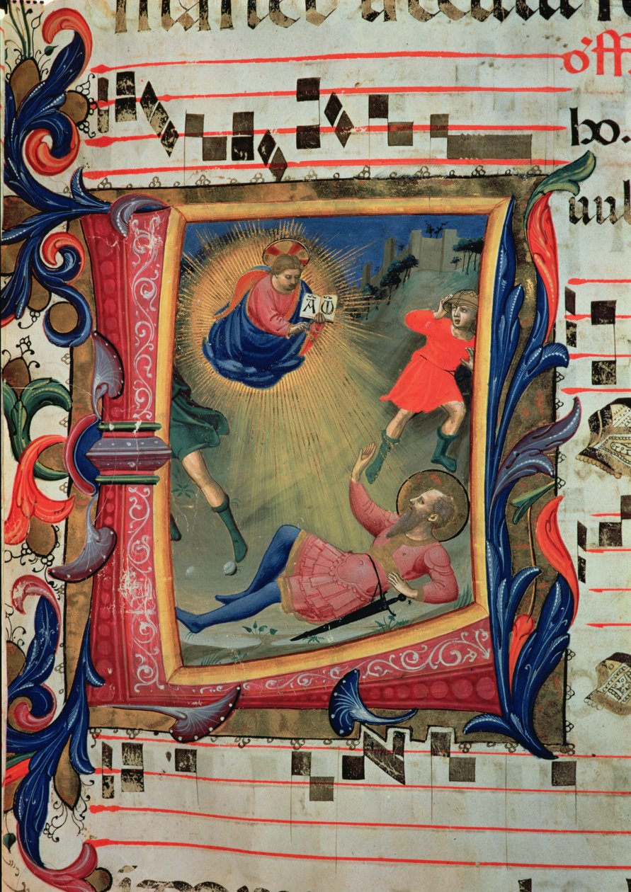 Ms 558 f.21v Historik forbogstav, der skildrer St. Pauls omvendelse, detalje fra et missal, begyndelsen af 1430