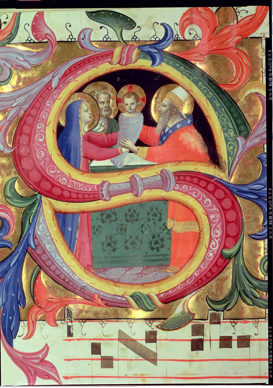 Ms 558 f.26v Præsentationen i templet, afbildet i en historisk initial S, detalje fra et Missal, tidlige 1430
