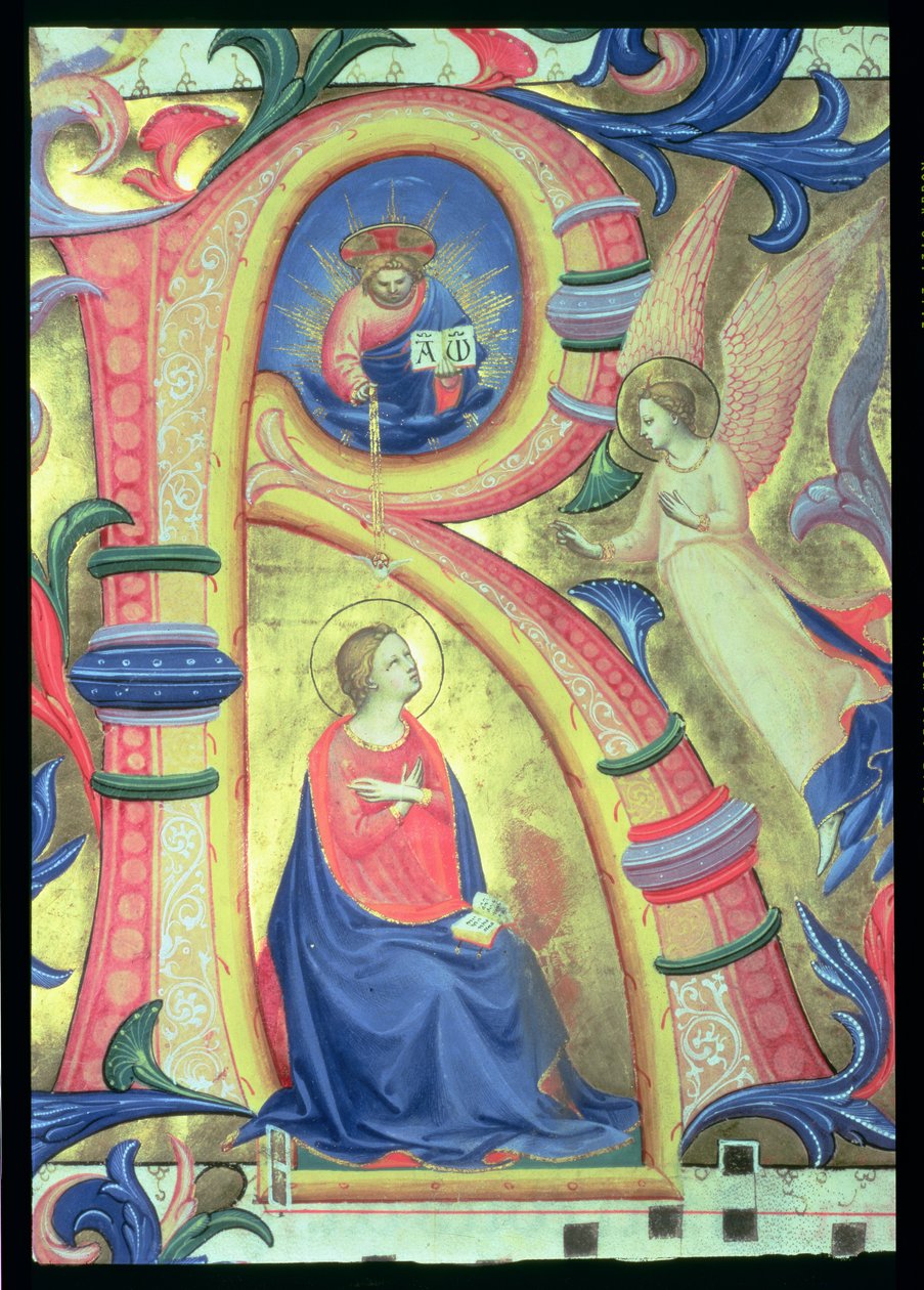 Ms 558 f.33v Bebudelsen afbildet i en historisk initial R, detalje fra et Missal, tidlige 1430