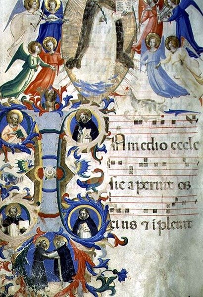 Ms 558 f.67v St. Dominic omgivet af musiker-engle over en historisk initial I, der afbilder (med uret) SS. Augustine, Ambrose, Peter Martyr, Gregory og Jerome, fra en Gradual, tidlige 1430