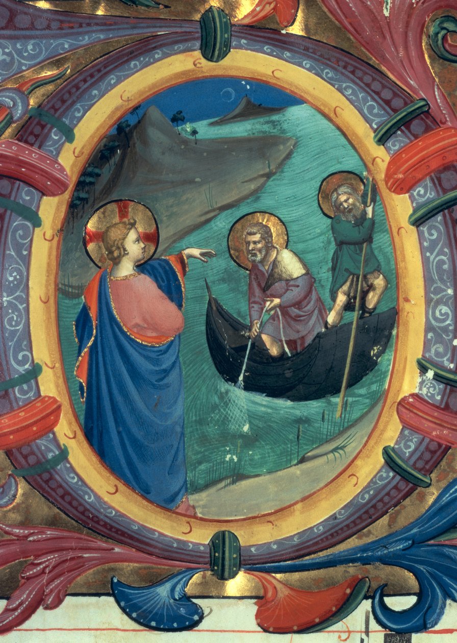 Ms 558 f.9r The Calling of St. Peter and St. Andrew, detalje af historisk initial O fra et Missal, tidlige 1430