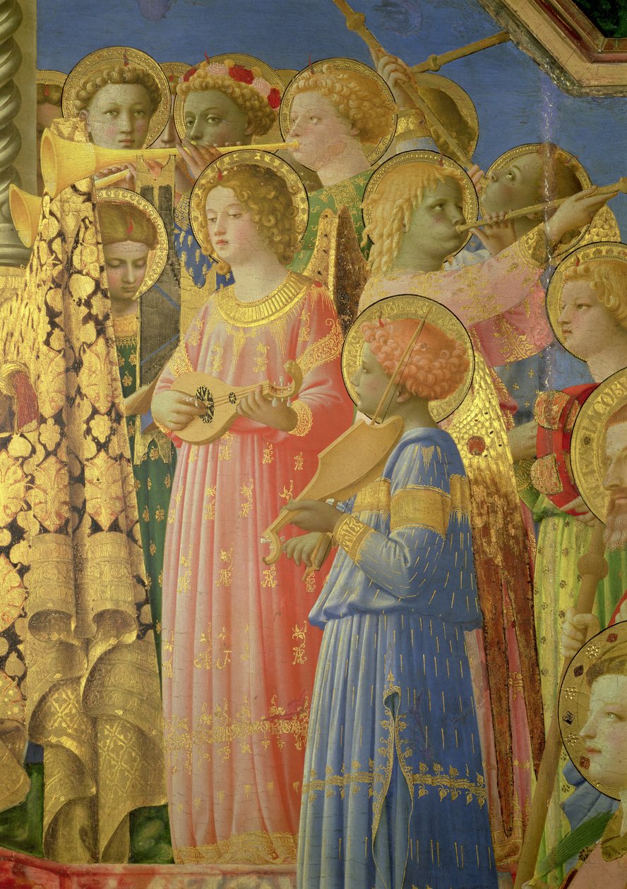 Jomfruens kroning, detalje, der viser musikalske engle, ca. 1430-32 olie på paneldetalje af 60319 af Fra Angelico