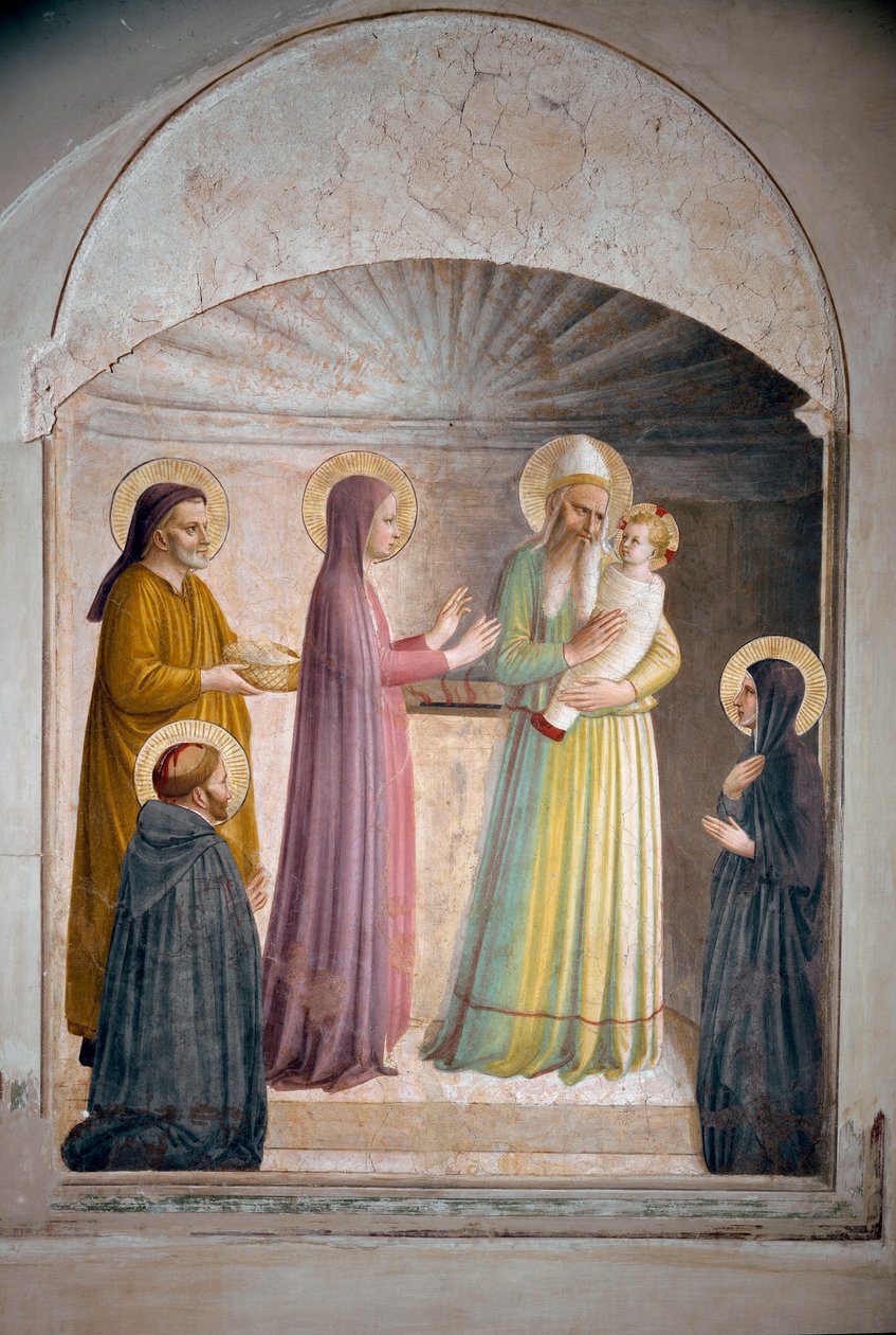 The presentation of Christ in the temple. Saint Peter, martyr, and Dominican nun Villana, observes the biblical scene. Fresco by Guido di Pietrodani af Fra Angelico