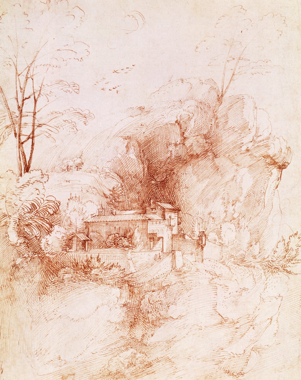 Klippelandskab med kloster, tegning af Fra Bartolomeo (1472-1517). af Fra Bartolomeo