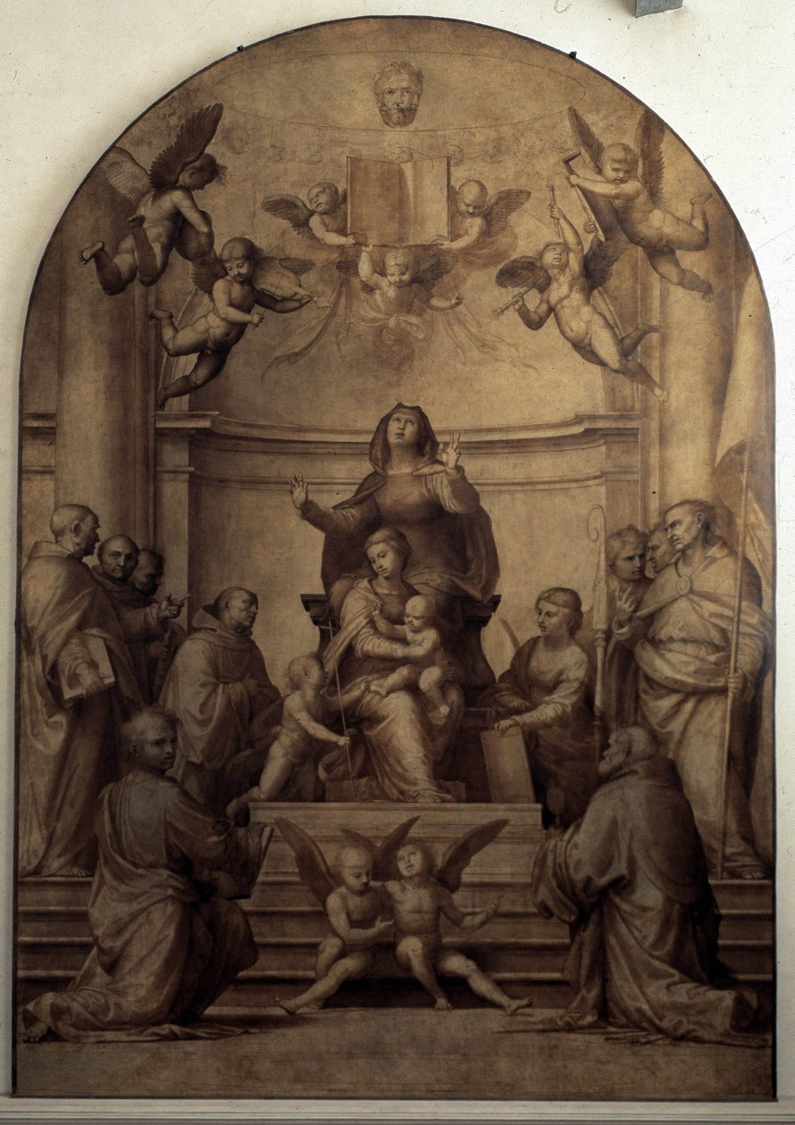 Pala del Gran Consiglio repræsenterer Sankt Anne, Jomfruen og børnene Jesus og Sankt Johannes Døberen omgivet af hellige. af Fra Bartolommeo
