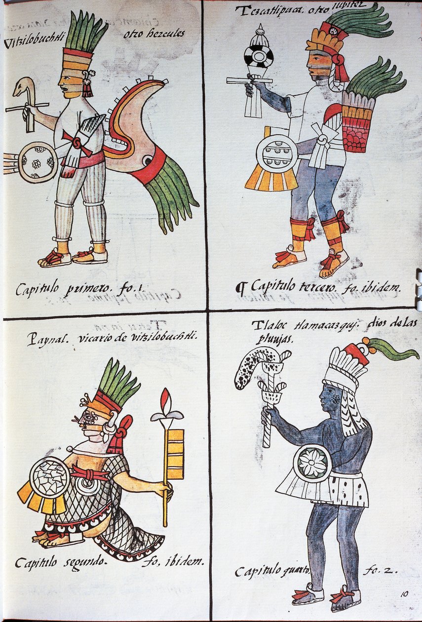 De gamle mexicaneres guder, Huitzilopochtli, Tezcatlipoca, Tlaloc og Paynal, tekst på spansk, fra faksimile af manuskriptet General History of Things of New Spain, også kendt som Florentine Codex, af Bernardino de Sahagun af Fra Bernadino da Sahagun