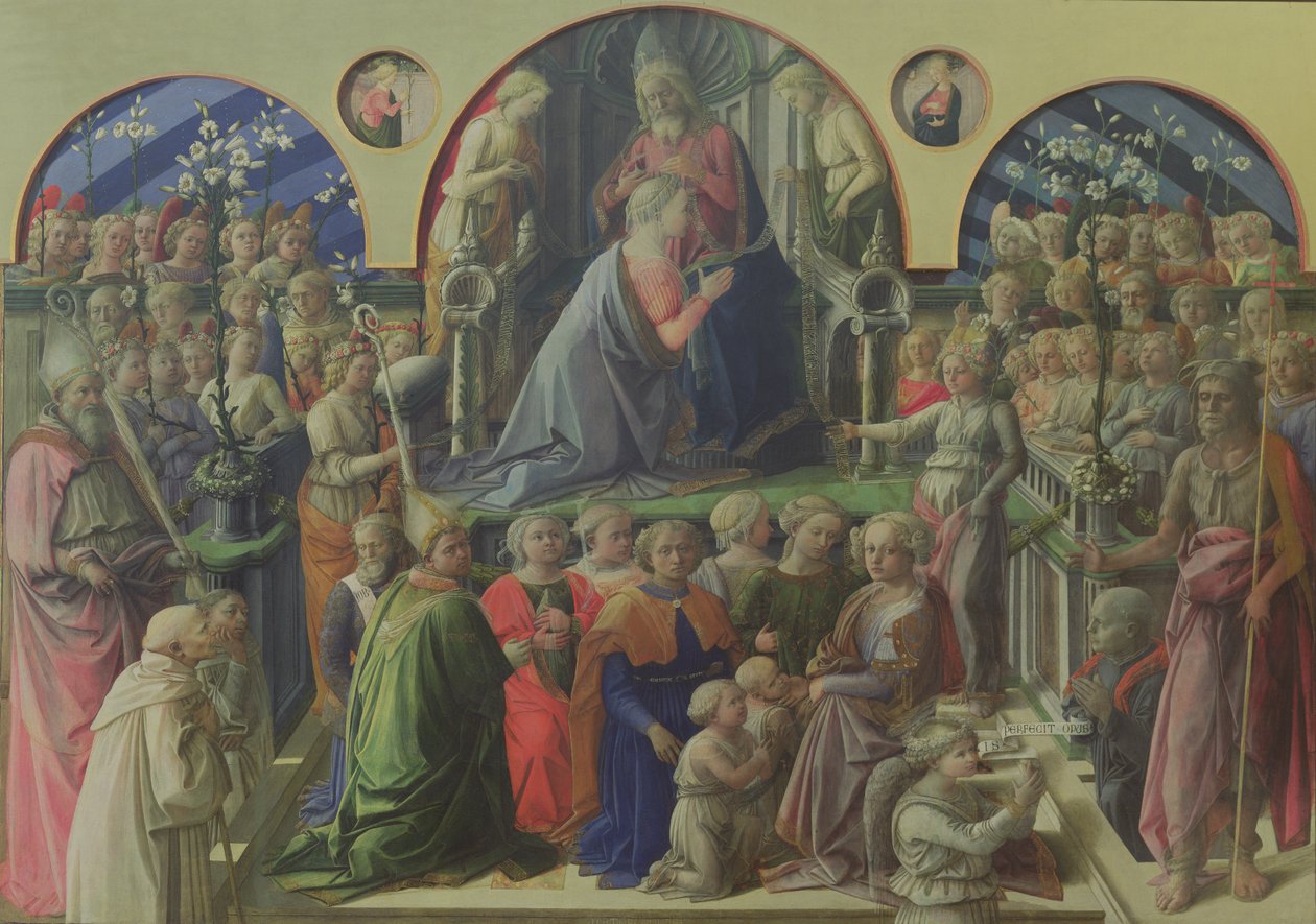 Jomfruens kroning med hellige og engle, 1441-47 (tempera på panel) af Fra Filippo Lippi