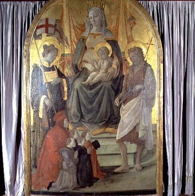 Madonna og Child Enthroned med SS. Stephen, Johannes Døberen, Francesco Datini (ca. 1335-1410) og Ceppo-familien af Fra Filippo Lippi