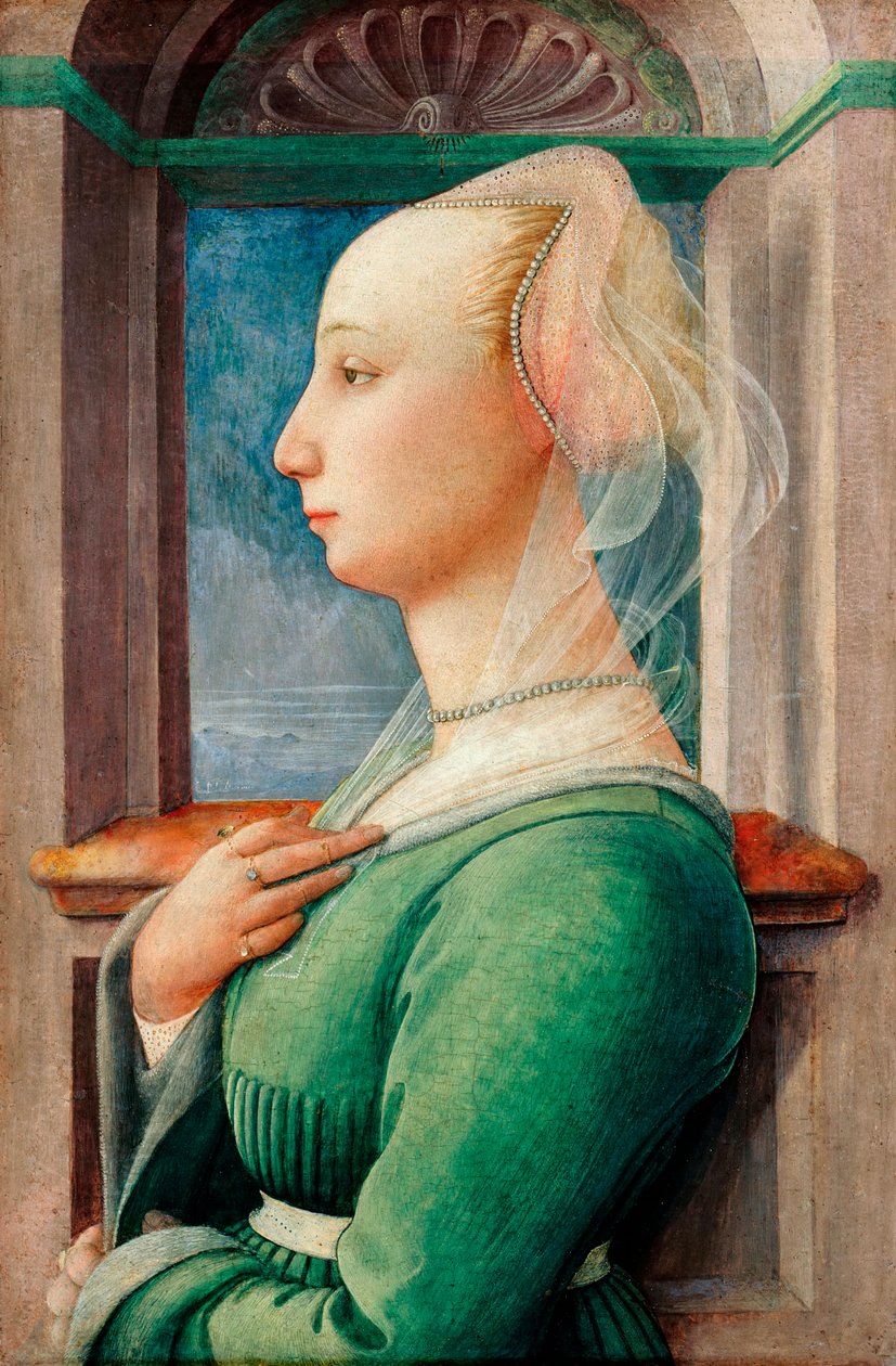 "Profilportræt af en ung kvinde" Maleri på træ af Filippo Lippi (1406-1469), ca 1445 - Olie på træ, 49,5x32,7 - Staatliche Museen, Berlin af Fra Filippo Lippi