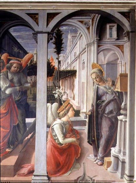 Bebudelsen, detalje af Angel Gabriel og Jomfru af Fra Filippo Lippi