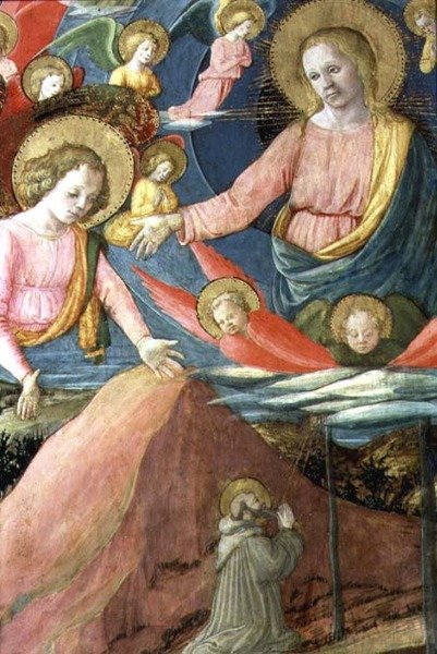The Death of St. Jerome med Inghirami som donor, detaljer, der viser Den himmelske vært og engle, 1459-60 af Fra Filippo Lippi