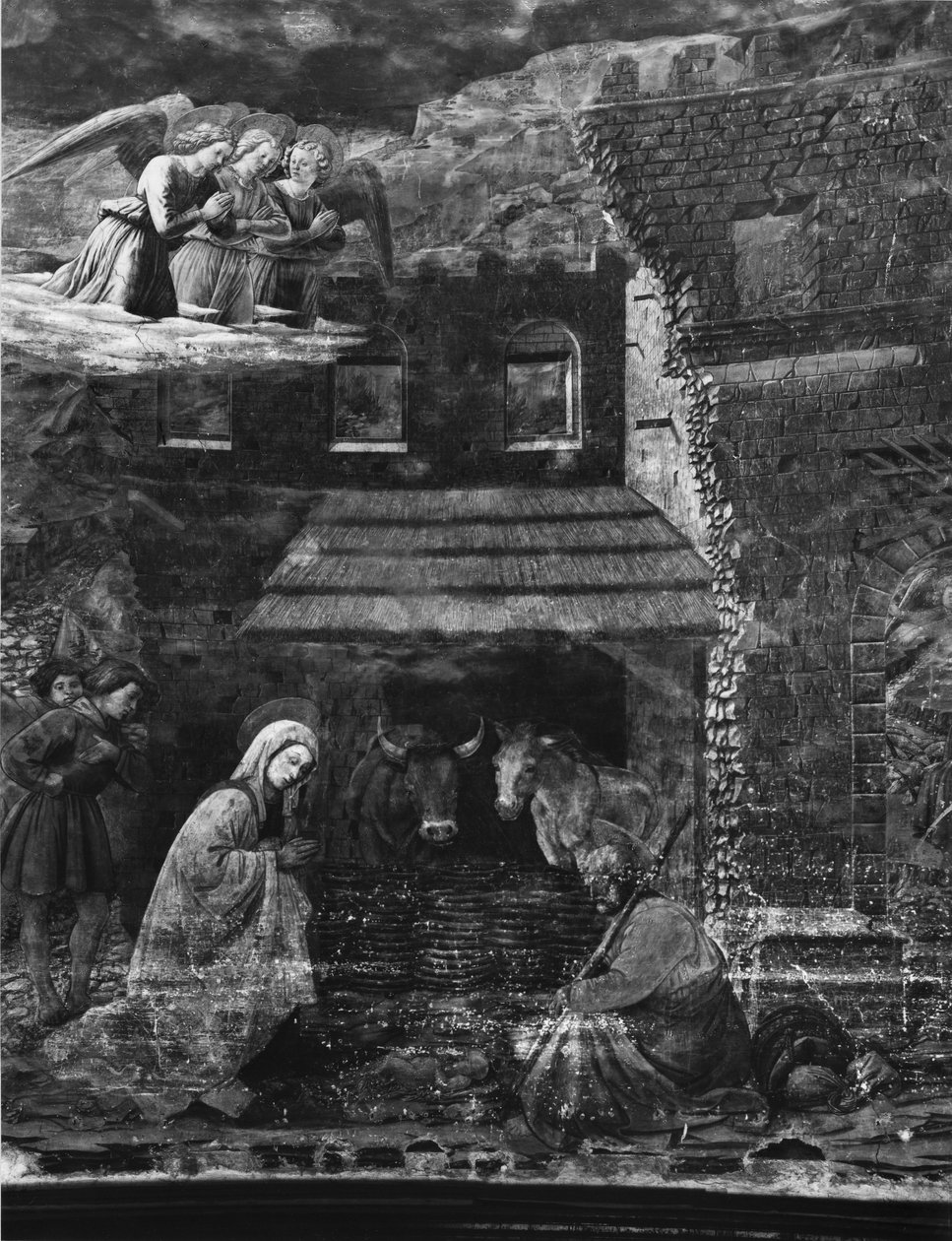 Fødselen, en af scenerne fra fresko-cyklussen af Jomfruens liv i katedralens apsis af Fra Filippo Lippi