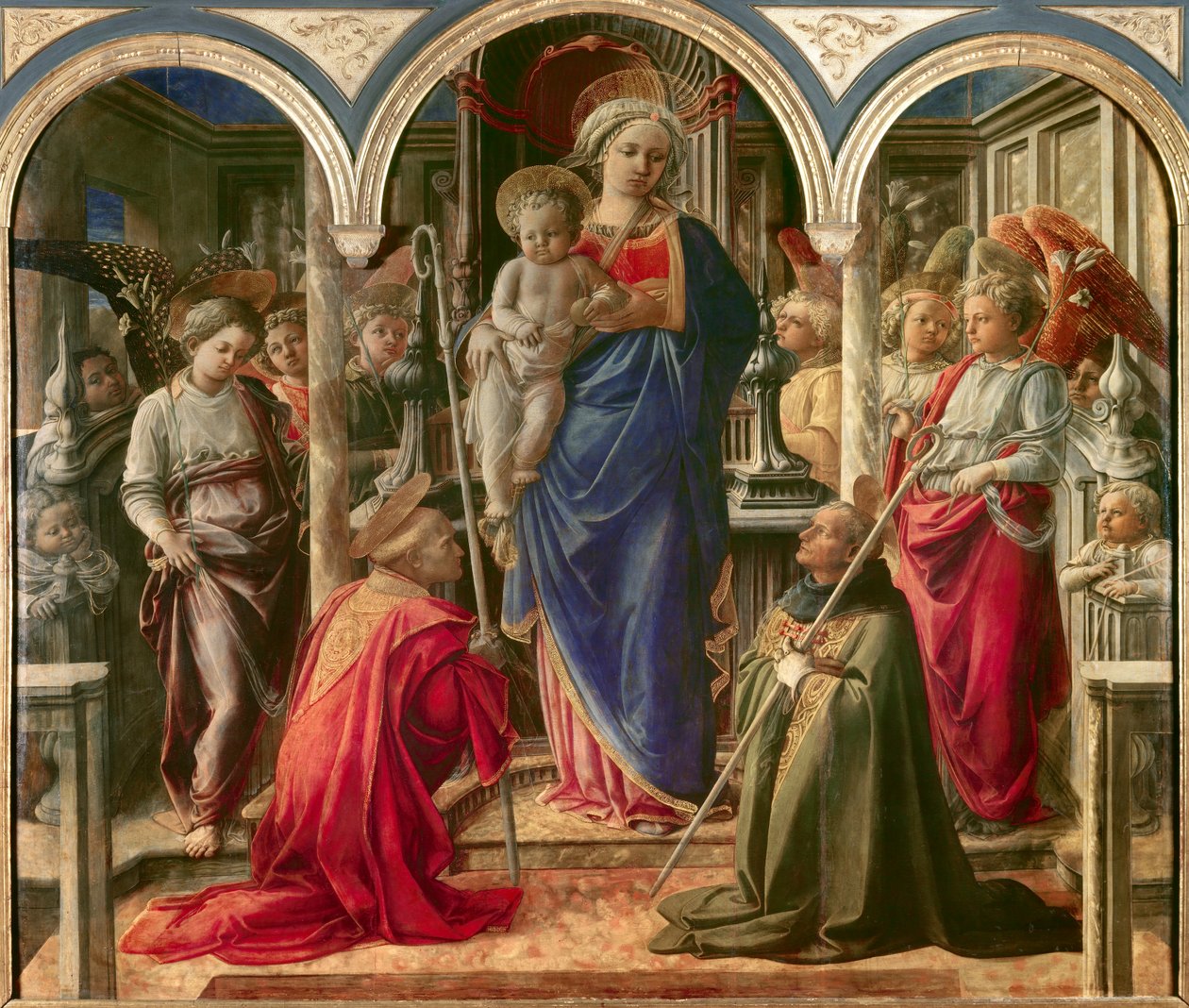 Jomfruen og barnet omgivet af engle, St. Frediano (Fridianus af Lucca eller Frigidanus, Frigidian, Phrygian) og St. Augustine, kendt som Pala Barbadori, Altertavle af Filippo Lippi (1406-1469) 1437-1 Sponsoreret af Barbadori-familien til baren af Fra Filippo Lippi