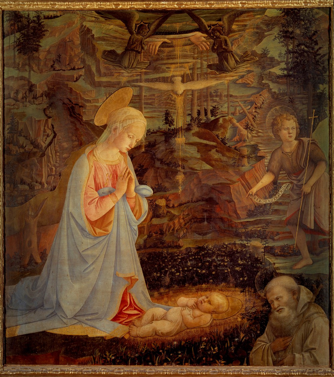 Jomfruen, Jesusbarnet, Sankt Johannes Døberbarnet og Sankt Bernhard af Clairvaux (San Bernardo di Chiaravalle) (1090 - 1153) Sidstnævnte var grundlæggeren af Cistercierordenen og den første protektor for Tempelherreordenen. Detrempe på w af Fra Filippo Lippi