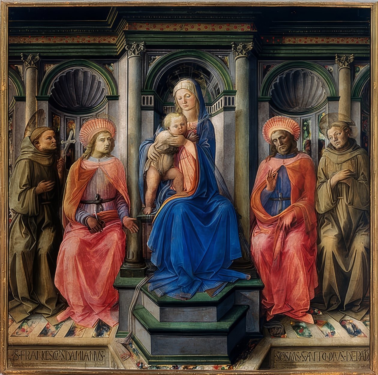 Maria troner med barn og de hellige Frans af Assisi, Damian, Cosmas og Antonius af Padova. 1442 af Fra Filippo Lippi