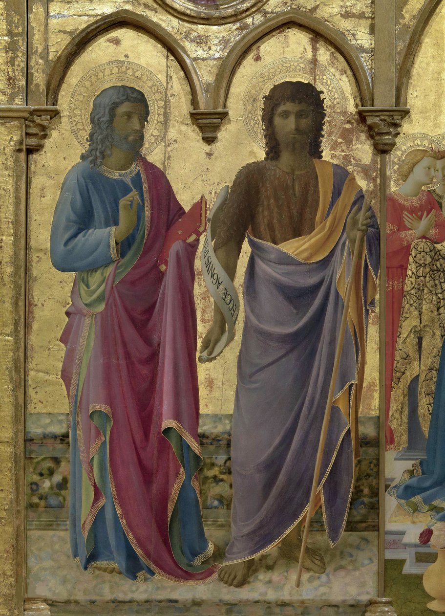 De hellige Johannes Døberen og Johannes Evangelisten. Cortona Polyptykon, ca 1437. af Fra Giovanni Angelico da Fiesole