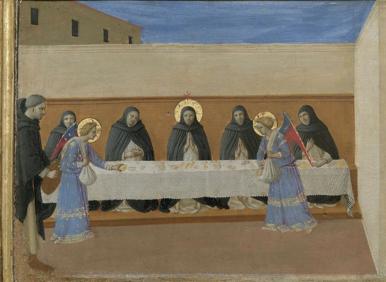 Englene serverer middag for brødrene. Cortona Polyptykon detalje af predella, ca 1437. af Fra Giovanni Angelico da Fiesole