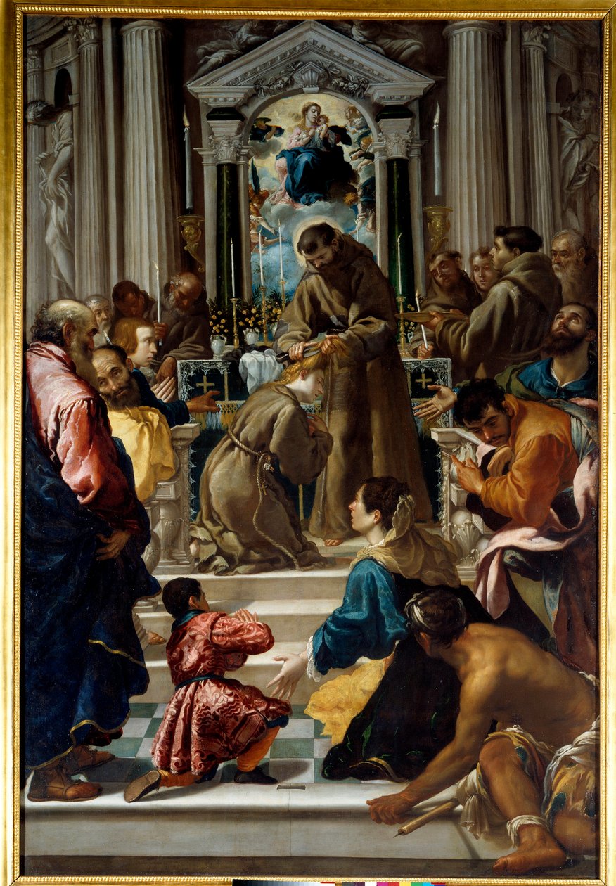 Saint Francois af Assisi (1181-1223) klipper Saint Claires (1193-1253) hår. Maleri af Semplice De Verona (1589-1654) Ec. Ital. af Fra Semplice da Verona