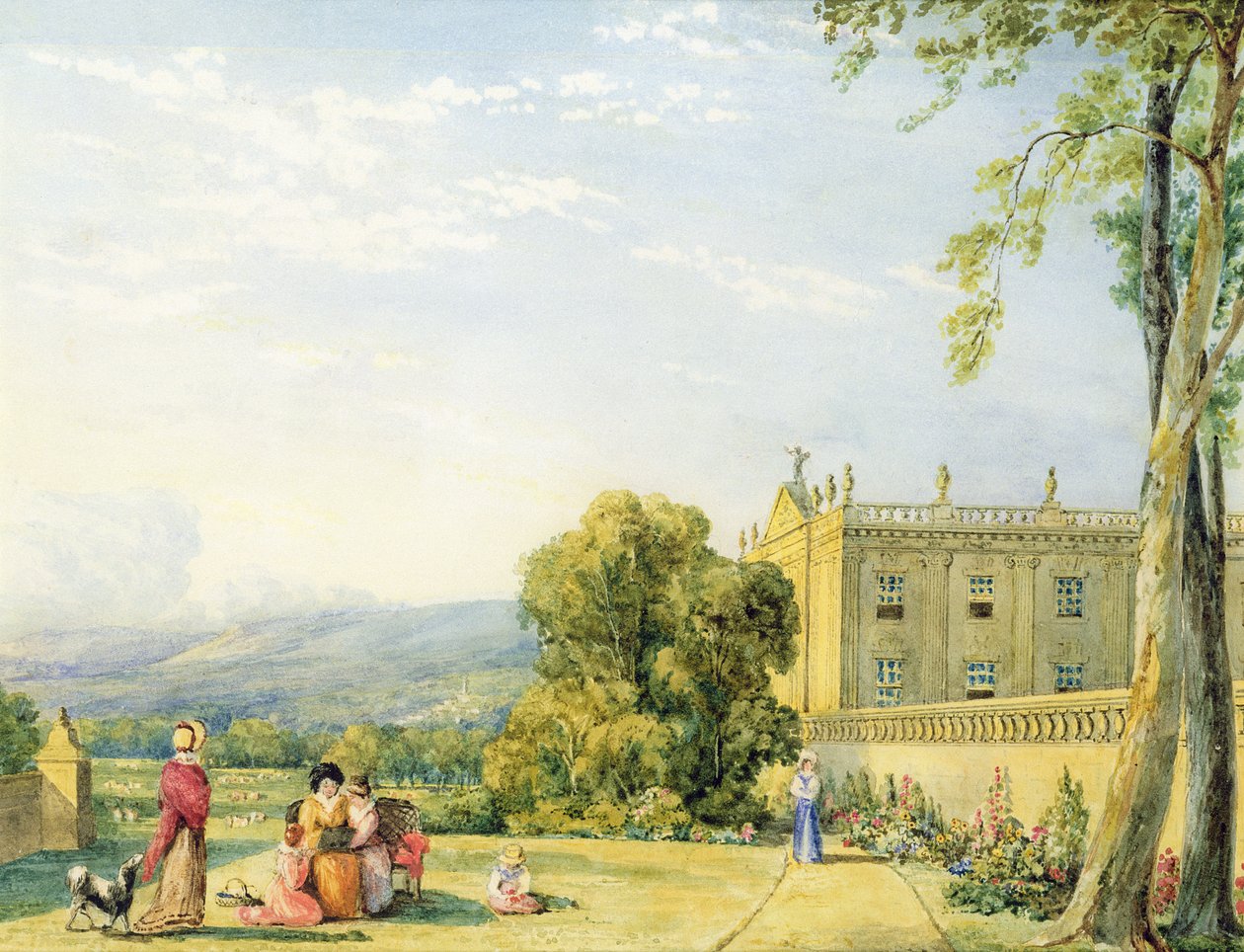 Udsigt over Chatsworth, Derbyshire, ca. 1820 (par 85759) af Frances Elizabeth Swinburne