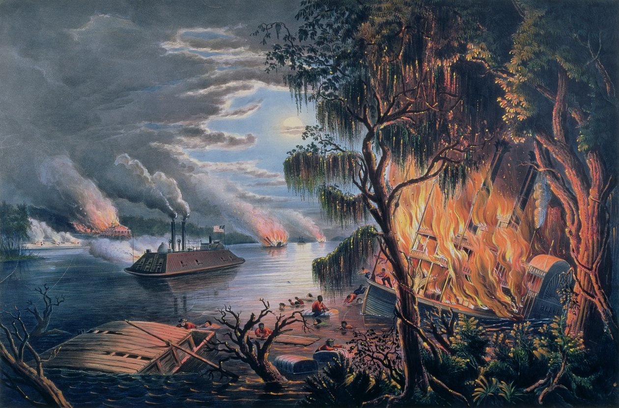 The Mississippi in Time of War, pub. af Currier and Ives, New York, 1865 (se også 87959) af Frances Flora Bond Palmer