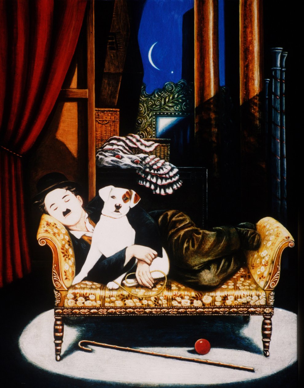 Charlie Chaplin and Scraps, 1992 (olier og tempera på panel) af Frances Broomfield