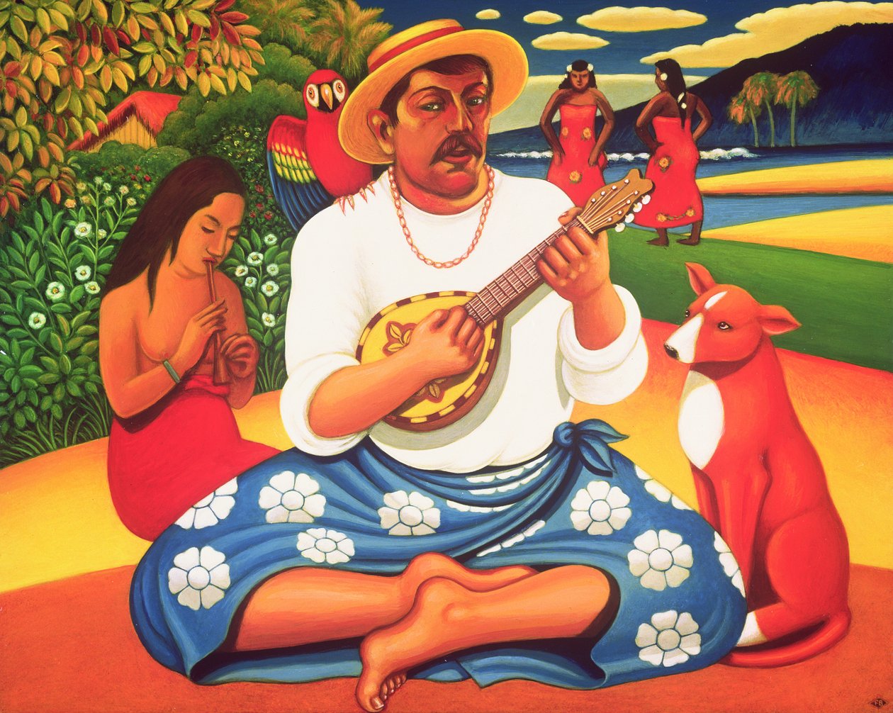 Gauguins Fantasy Island, 2005 (olie og tempera på panel) af Frances Broomfield