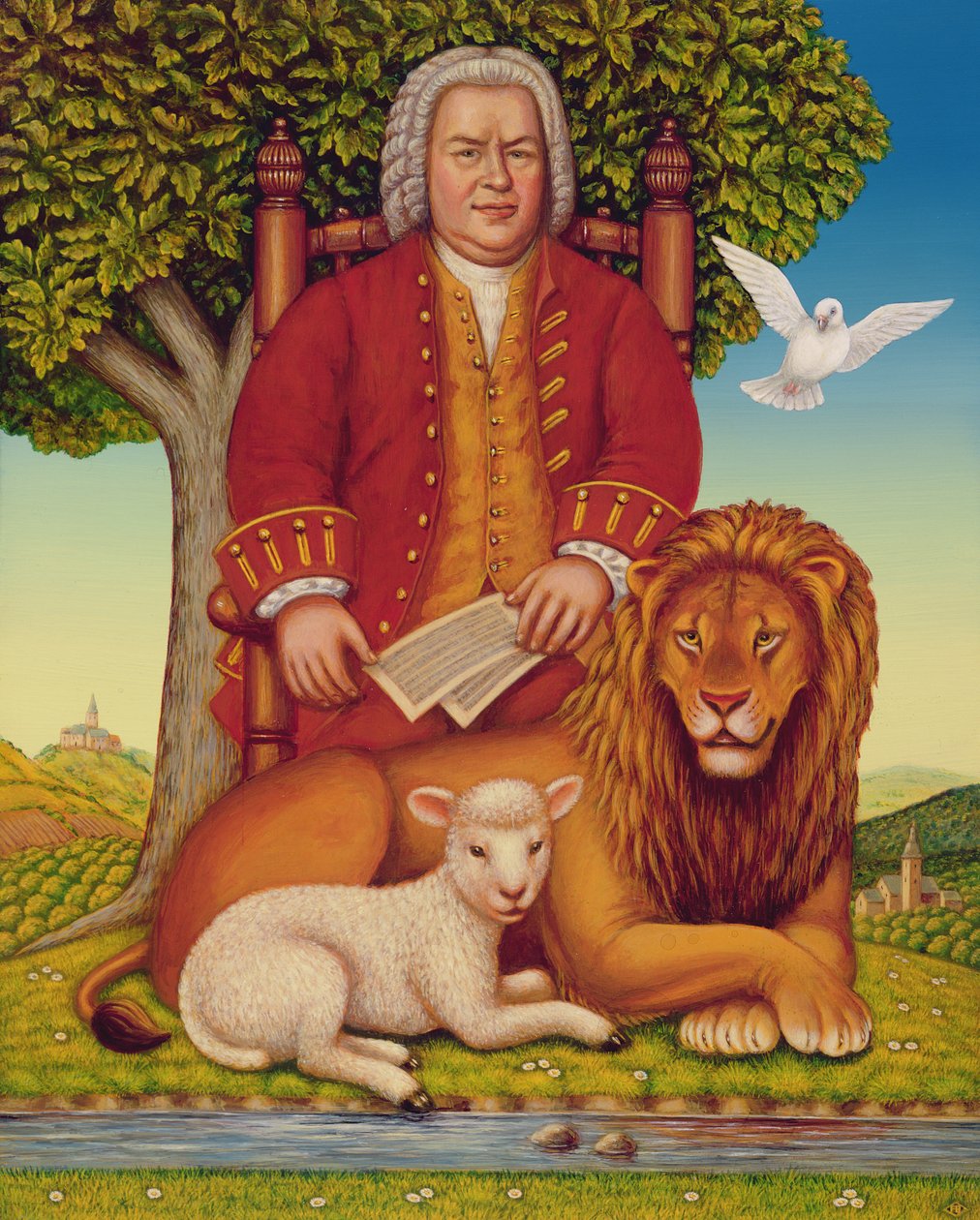 J.S. Bach (1685-1750) Peaceable Kingdom, 2000 (olie og tempera på panel) af Frances Broomfield