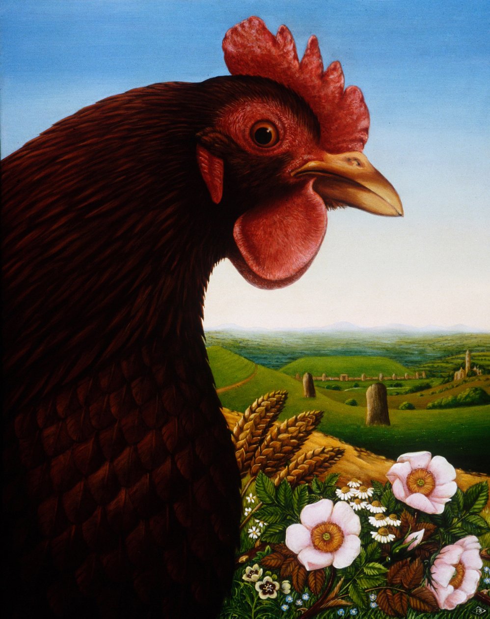 Music of a Lost Kingdom (Big Chicken), 1987 (olie og tempera på panel) af Frances Broomfield