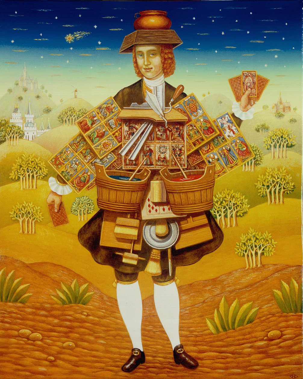 Kortsælgeren, 2003 (olie og tempera på panel) af Frances Broomfield