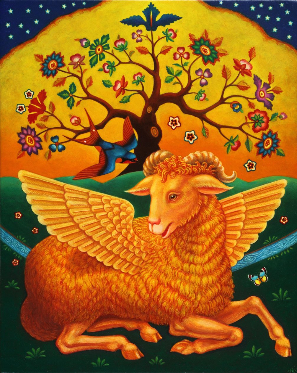 Vædderen med det gyldne skind, 2011 (olier og tempera på panel) af Frances Broomfield