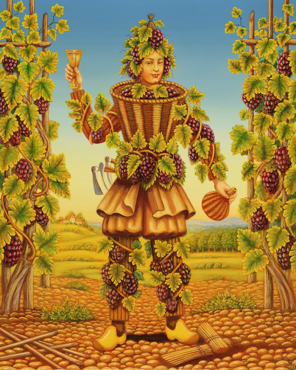 The Vignerons Habit, 1998 (olie og tempera på panel) af Frances Broomfield